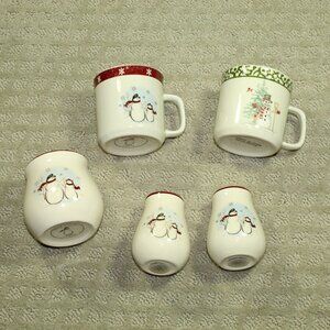 VTG Royal Seasons Stoneware Snowman Salt Pepper Shakers, Mugs & Sugar Dish